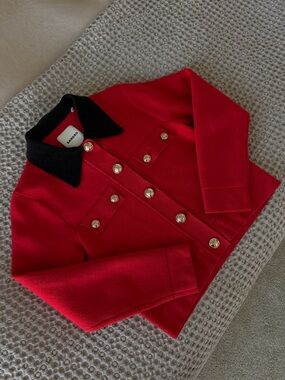 Sandro Red Jacket with Black Collar and Gold Buttons